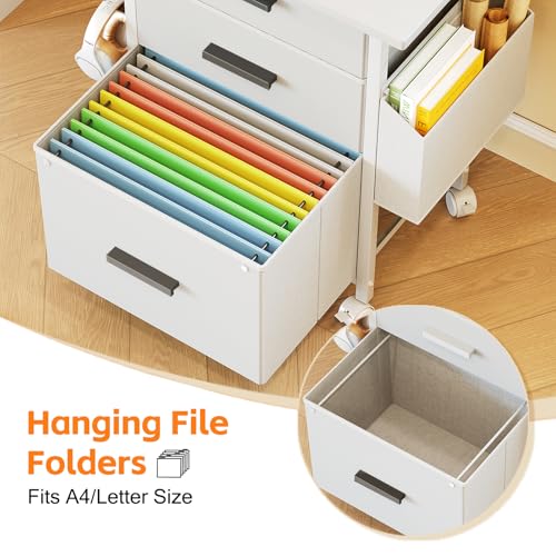 Mexin 3 Drawer File Cabinet with 22'' Extended Desktop, Mobile Filing Cabinet, Printer Stand, Rolling Printer Stand with Side Bag, Fabric Drawer, Fits A4 Size, Home Office, White - color: White