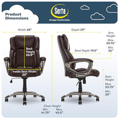 Serta Ergonomic Executive Office Chair with Lumbar Support, Leather Chair | Garret, Back Pain Relief, Foam Seat Cushion, Padded Arms, Adjustable Height and Reclining, Office Chair with Wheels, Brown - color: Brown
