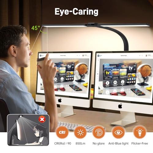 LED Desk Lamp for Home Office, Eye-Caring Desk Light with Clamp, 24W Double Head Architect Task Lamp Stepless Dimming, Flexible Gooseneck Bright Table Lamp for Study Reading Workbench Drafting