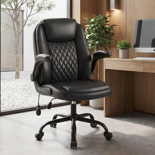 MALOL Leather Office Chair, Computer Desk Chair with Adjustable Lumbar Support, Thick Cushion, Flip-Up Arms and Ergonomic Back, Comfy Executive Office Chair for Home Office Gaming,Black - color: Black, size: set of 1