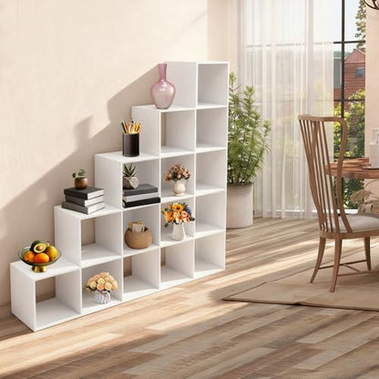 5-Tier Stepped Bookshelf, 15 Cube Storage Organizer, Freestanding Ladder Bookcase, L-Shaped Corner Shelf, Room Divider Shelf, 57.5" Tall Modern Display Shelf for Home Office Living Room - size: 15 Cubes/L-Shaped
