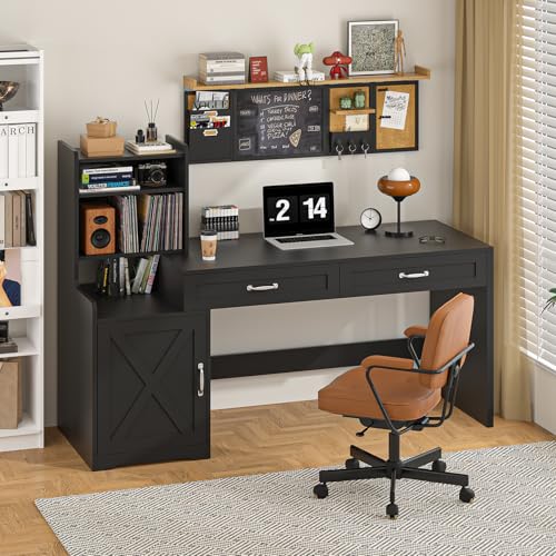 60" Computer Desk with Drawers & Bookshelves for Bedroom, Home Office | Black Desk with Bookcase & Drawers, Executive Desk Writing Study Table with Storage, Home Office Desks - color: Black