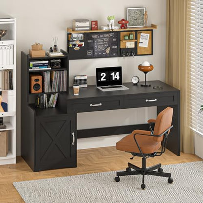 60" Computer Desk with Drawers & Bookshelves for Bedroom, Home Office - color: Black