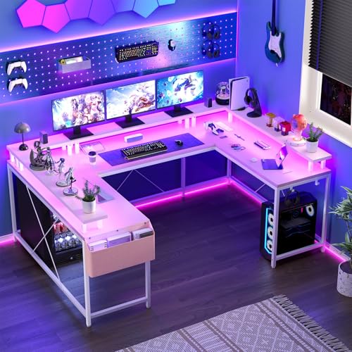 78" U-Shaped Computer Desk - Reversible L-Shape Design with Built-in Power Strip, LED Lighting & Monitor Stand, Gaming Desk with Storage Shelves & Hooks - Pink. - color: Pink