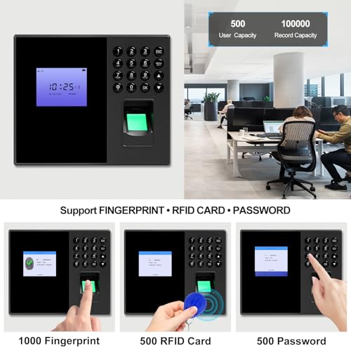 Biometric Time Clocks for Employees- No Monthly Fees - Time Punch Machine for Small Business - Fingerprint/Card/Password Attendance Systems with Power Plug - Easy Reporting