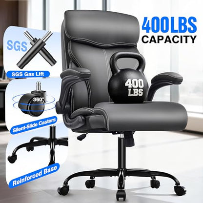Office Chair - Executive High Back Breathable Comfy Desk Chair with Lumbar Support - Ergonomic Leather Rolling Swivel Computer Chair with Rock Function for Working Studying Gaming Relaxing