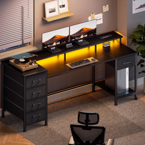 Korfile 61 Inch Gaming Computer Desk with Power Outlets,LED,5 Drawers,Black - color: Black, size: 61 Inch