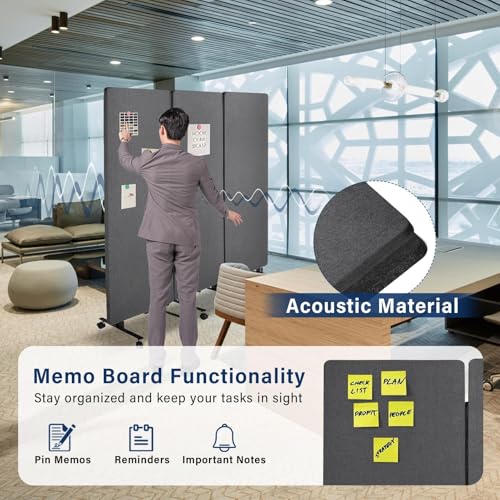 3-Panel Portable Office Partition,Mobile Acoustic Wall Divider with Wheels - color: Dark Gray, size: 3 Panel-72"Wide
