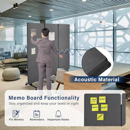 3-Panel Portable Office Partition,Mobile Acoustic Wall Divider with Wheels - color: Dark Gray, size: 3 Panel-72"Wide