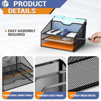 GAWERK Letter Tray Organizer, Mesh Desk File Organizer with 3 Paper Trays and 2 Vertical Upright Section (Gold) - color: Gold