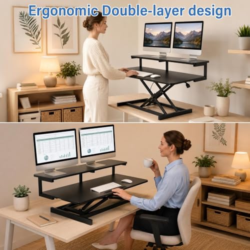 37" Height Adjustable Standing Desk Converter, 4.9" to18.5 Height Adjustable Sit Stand Up Desk Riser with Secondary Desks, Desktop Workstation Riser for Home Office Computer Laptop, Black - color: Black