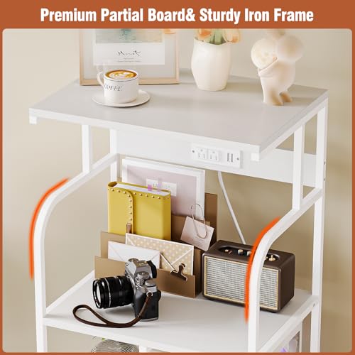 VEDECASA Mobile High Printer Stand with Power Outlet Charging Plugs USB Port Office Storage Shelf Includes Computer Tower CPU Stand Holder with Wheel (White)