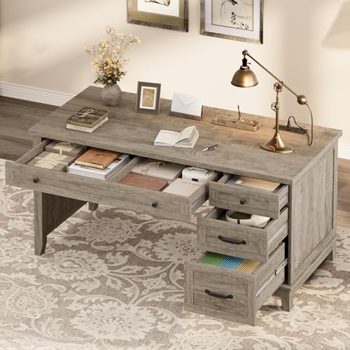 53.5" Farmhouse Home Office Desk with File Cabinet, Wooden Executive Desk with Power Outlet, Work Desk with Drawers, Traditional Wood Desk for Home and Office, Gray - color: Grey