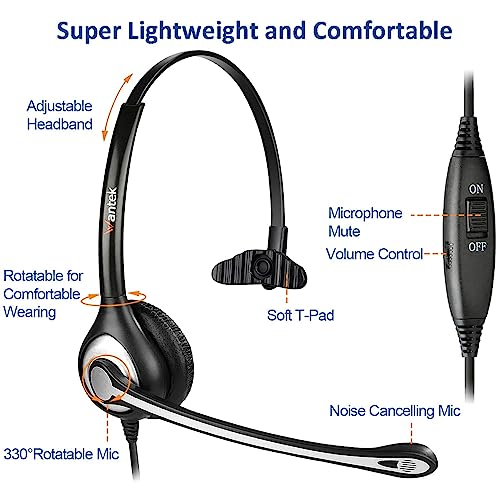 Wantek Yealink Phone Headset with Quick Disconnect Cord, RJ9 Office Telephone Headsets with Mic Noise Cancelling Compatible with Yealink VoIP Phone T21P T42S T46S T48S T27G T53W T54W Grandstream Snom