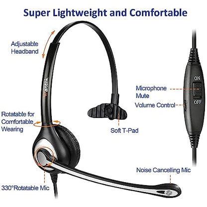 Wantek Yealink Phone Headset with Quick Disconnect Cord, RJ9 Office Telephone Headsets with Mic Noise Cancelling Compatible with Yealink VoIP Phone T21P T42S T46S T48S T27G T53W T54W Grandstream Snom