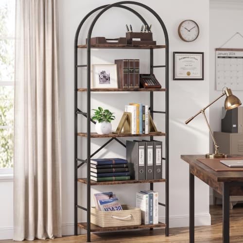 Vongrasig 5 Tier Arched Bookshelf, Industrial Tall Open Bookcase, Walnut - color: Walnut With Arched Top