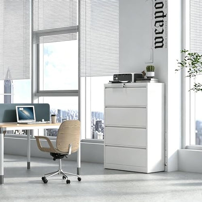 Industrial 36" W Premium Lateral File Cabinet with Lock, Metal Filing Cabinets, Adjustable Hangrails for A4, Legal, Letter Files, White - color: White, size: W36" - 4 Drawers