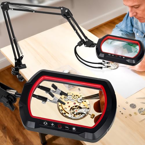 12X Square Magnifying Glass with Light and Clamp, Solder Helping Hand | Workbench Lighted Magnifier, 3-Section Swing Arm, 5 Colors Stepless Dimmable LED Desk Lamp with Stand for Hobby Repair Craft - color: Red, size: 12X