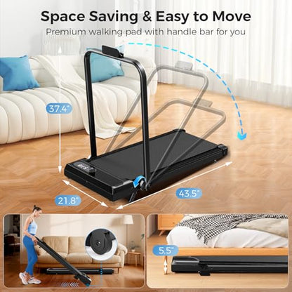 Walking Pad Treadmill with 8% Incline & Handle Bar, 2.5HP Portable Under Desk Treadmill for Home Office, Compact Foldable Treadmill Quiet Anti-Slip, 0.6-3.8 MPH Remote Speed Control, 350LBS Capacity
