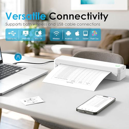KNAON Inkless Portable Printer, Bluetooth Printing for Travel, 8.5x11 | Wireless Bluetooth Small Printer for Travel & Office & Home Use, Includes 3 rolls, Compatible with Phone, Tablet & Laptop