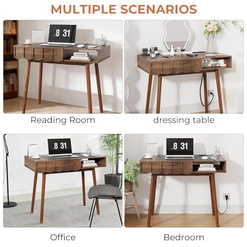 Mid Century Modern Desk, Executive Home Office Desk w/Drawer & Open Compartment, Vintage Small Computer Writing Desk for Study, Bedroom