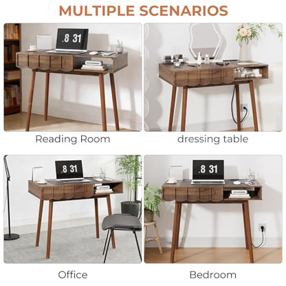 Mid Century Modern Desk, Executive Home Office Desk w/Drawer & Open Compartment, Vintage Small Computer Writing Desk for Study, Bedroom