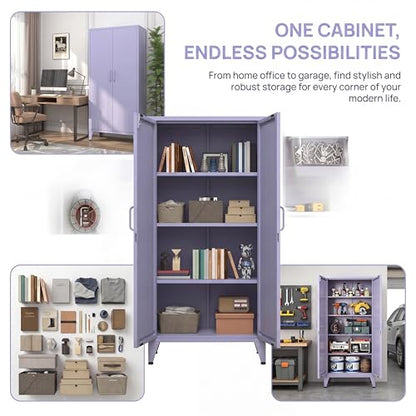 Purple Metal Pantry Cabinet with Lock,Freestanding Steel Storage Locker with 3 Adjustable Shelves,Heavy Duty Metal Storage Cabinet for Kitchen, Living Room,Laundry,Garage 61" H X 27.6" W X 13.8" D - color: Purple, style: 61"H-Cabinet-DX