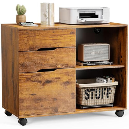 DUMOS Wood File Cabinet with 3 Drawers, Rolling Printer Stand | Under Desk Storage Organizer Home Office Space with Shelves for Files and Office Supplies, Rust - color: Rust Wood