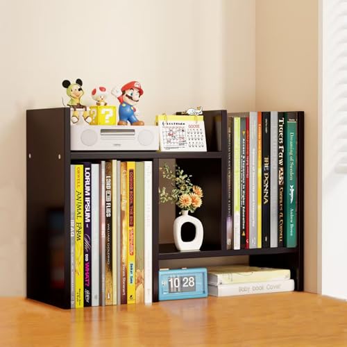 Desktop Shelf Organizer, Adjustable Wood Office Storage Rack, Counter Display Small Bookshelf for Home/Office/School(Dark Walnut) - color: Dark Walnut