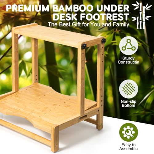 Two-Tier Bamboo Desk Footrest, Adjustable Ergonomic Leg Rest with Cushion | Adjustable 4 Heights Leg Rest with Removable Cushion, Wide Ergonomic Platform Ideal for Office, Gaming, and Study
