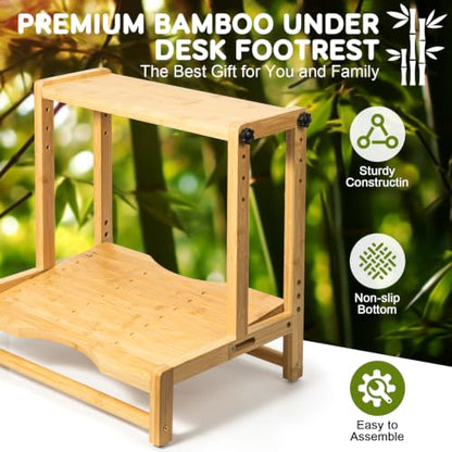 Two-Tier Bamboo Desk Footrest, Adjustable Ergonomic Leg Rest with Cushion | Adjustable 4 Heights Leg Rest with Removable Cushion, Wide Ergonomic Platform Ideal for Office, Gaming, and Study