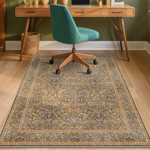 Vintage Brown Office Rugs for Rolling Chairs, 36"x48" Home Office Rug for Computer Gaming Chair, Low Pile, Slip-Resistant and Ultra Soft Area Rug for Protecting Floors, Boho Taupe Floral Design - color: Forest - Gold Brown, size: 3' x 4'