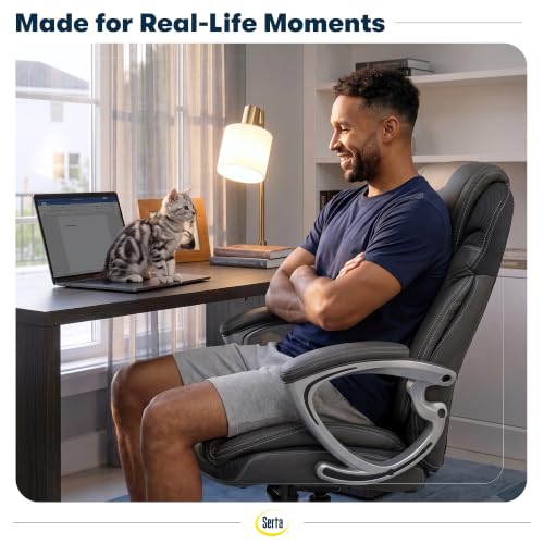 Serta Bryce Executive Office Chair - Ergonomic Computer Desk Chair with Patented AIR Lumbar Technology - Adjustable Height - Memory Foam Body Pillows - 360° Swivel Rolling Base - Bonded Leather - Gray - color: Grey