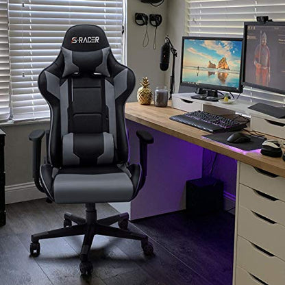Homall Gaming Chair, Office Chair High Back Computer Chair Leather Desk Chair Racing Executive Ergonomic Adjustable Swivel Task Chair with Headrest and Lumbar Support (Grey) - color: Grey