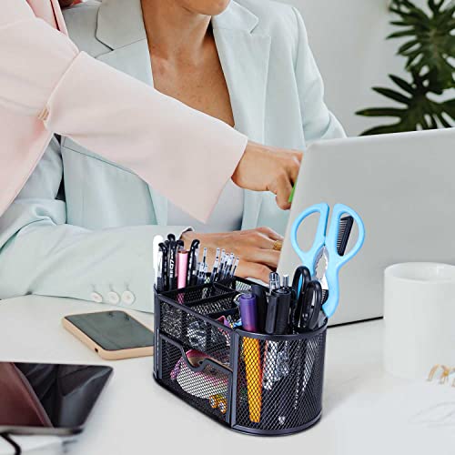 Black Mesh Pen Holder Desk Organizer Cute Office Supplies Pencil and Marker Organizers Oval Desk Caddy with 8 Compartments and 1 Drawer Workspace Accessories for Office School Home - style: Oval