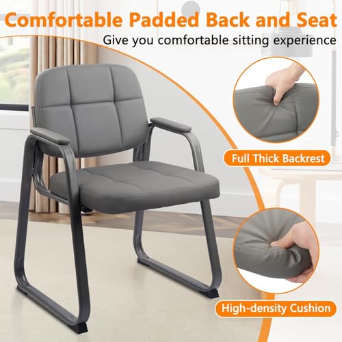 CLATINA Waiting Room Chair | Leather Guest Chair with Padded Arms no Wheels for Office Reception Conference Desk with Sled Base Grey, 2PK - color: Gray(sled Base), size: 2 pack