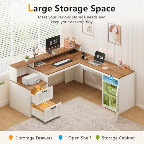 Farmhouse L Shaped Desk with Drawers & Printer Shelf for Home Office - color: Brown and White