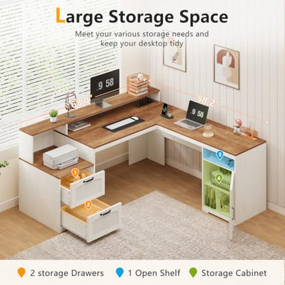 Farmhouse L Shaped Desk with Drawers & Printer Shelf for Home Office - color: Brown and White