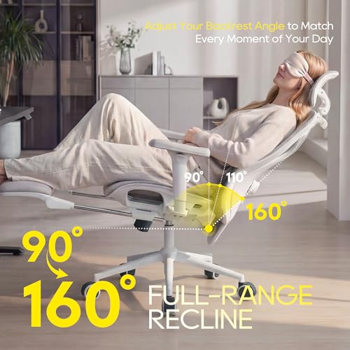 CYKOV Ergonomic Office Chair with Footrest - Adjustable Lumbar Support & Headrest, 90-160° Reclining Mesh Back Computer Chair - Home Office/Gaming, 350lbs Capacity (W-Grey, Mesh) - color: W-grey