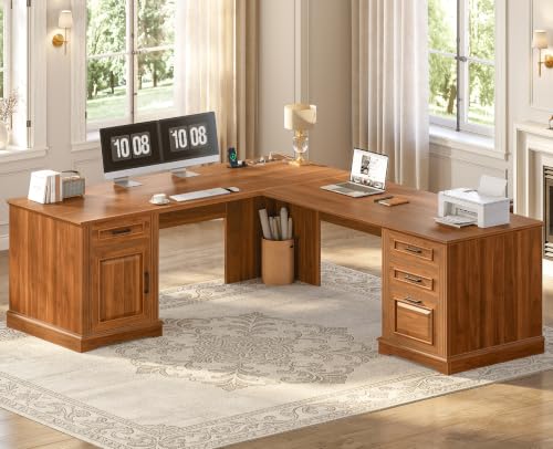 SEDETA 69" L Shaped Computer Desk with 4 Drawers, Storage Cabinet - color: Brown, size: L Shaped Desk