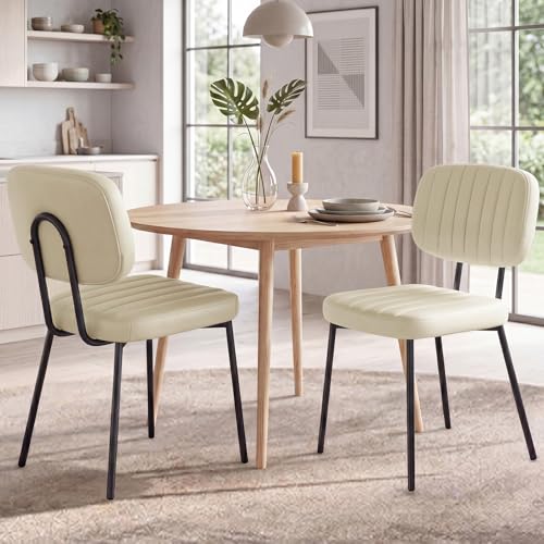OLIXIS Dining Chairs Set of 2, Upholstered Kitchen Chairs, Beige White | Faux Leather Comfortable Cushion Seat, Metal Legs with Backrest, Mid-Century Modern, Easy Assembly, Dining Room Home - color: Beige White, size: 2 PCS