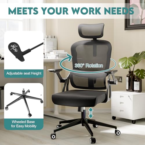 Monhey Ergonomic Office Desk Chair, 90°-125° Tilt Back Home Desk Chair with 360° Swivel & Mute Wheels, High Back Mesh Computer Chair for Adults with Lumbar Support, 330 LBS Capacity(05Black) - color: 05black