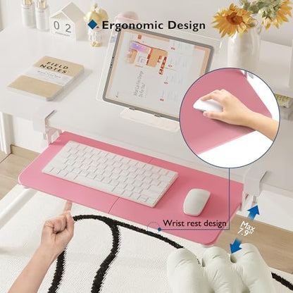 BONTEC KMT01 Under Desk Keyboard Tray, Pull-Out Keyboard & Mouse Platform with C-Clamp, 25.6 x 11.8 in Space-Saving Ergonomic Slide-Out Drawer, Pink - color: Pink, size: 25.6" x 11.8"