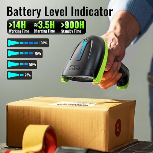 Tera Barcode Scanner with Battery Indicator: 1D Wireless, 5100 Green | USB Wired 2.4G Wireless Reader, 2200mAh Battery, 1D Laser Scanning, IP54 Protection, Retail Checkout Warehouse Library School - color: 1D Green