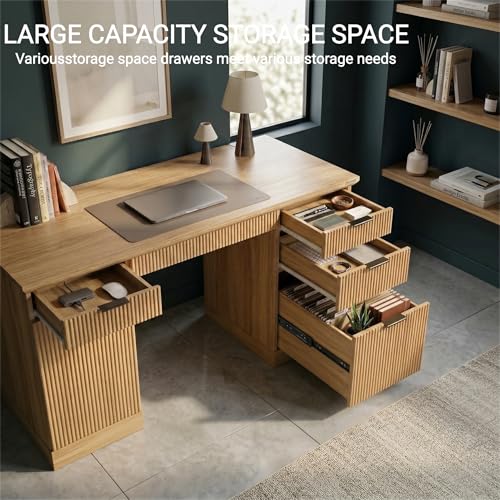 FURSUN 58" Executive Desk with Charging Station & File Drawer, Modern Fluted Home Office Desk with 5 Drawers & Keyboard Tray, Large Computer Writing Desk, Natural Oak - color: Natural Oak, size: Double-Sided Drawers
