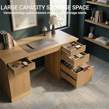FURSUN 58" Executive Desk with Charging Station & File Drawer, Modern Fluted Home Office Desk with 5 Drawers & Keyboard Tray, Large Computer Writing Desk, Natural Oak - color: Natural Oak, size: Double-Sided Drawers