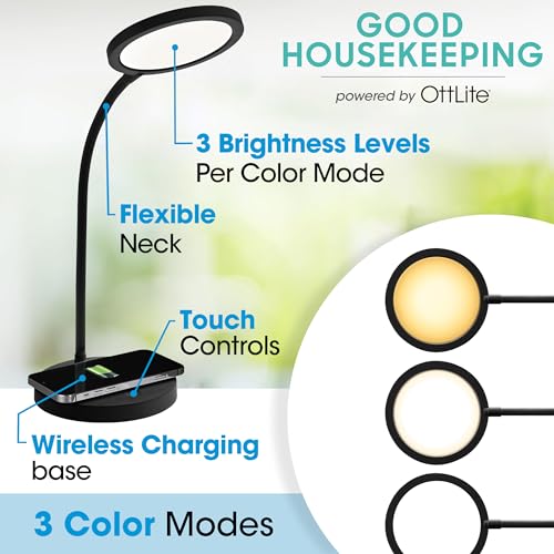 OttLite Good Housekeeping Circular Desk Lamp, Wireless Charging, Black - color: Black