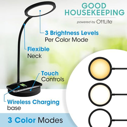 OttLite Good Housekeeping Circular Desk Lamp, Wireless Charging, Black - color: Black
