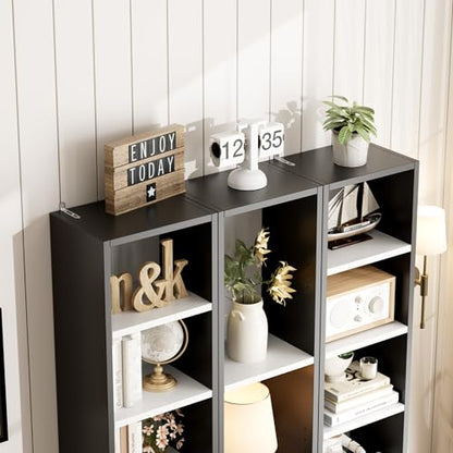FOTOSOK Bookshelf Bookcase 8-Tier Narrow Bookshelf Tall CD Media Tower Rack | 11.6 X 9.3 X 70.9 Bookshelf, Tall Narrow Slim Skinny Display Bookcase with Cube Storage and 4 Adjustable Shelves, Black/White - color: White/Black