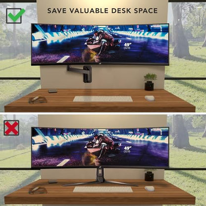 Mount-It! Heavy-Duty Wall Mount Arm for 49" Curved Monitors | Gas spring full motion arm, 23.5" reach, holds 44 lbs, VESA 75/100, single-stud install.